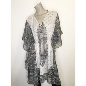 Rima One Size Black White V Neck Drawstring Tie Waist Tunic Cover Up Paisley